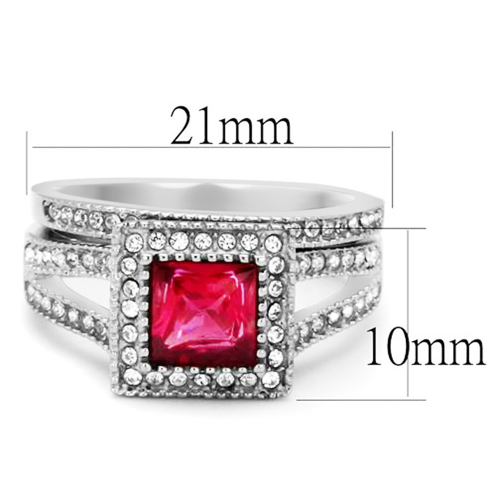 ARTK2293 Stainless Steel 1.64 Ct Princess Cut Ruby Zirconia Halo Wedding Ring Set Sz 5-10